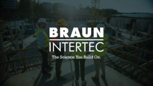 The Braun Intertec logo, overlayed on an image of 4 people in safety vests at a construction site.